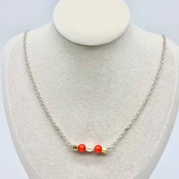 Handmade Orange Bead Faux Pearl Necklace & Earrings Set Gold Accents - Picture 2 of 11